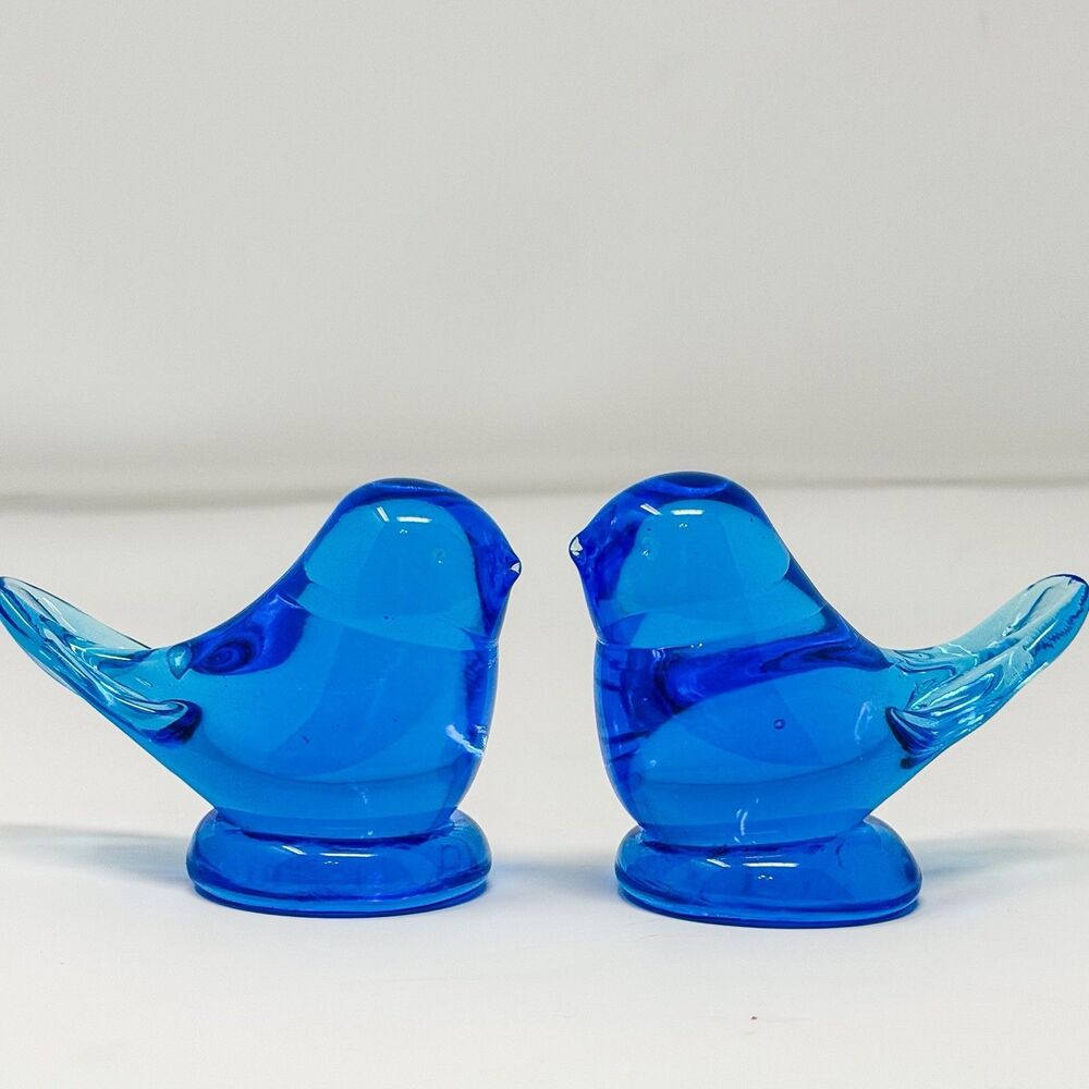 Leo Ward 1987 Blue Bird of Happiness Pair Signed UV Reactive Art Glass